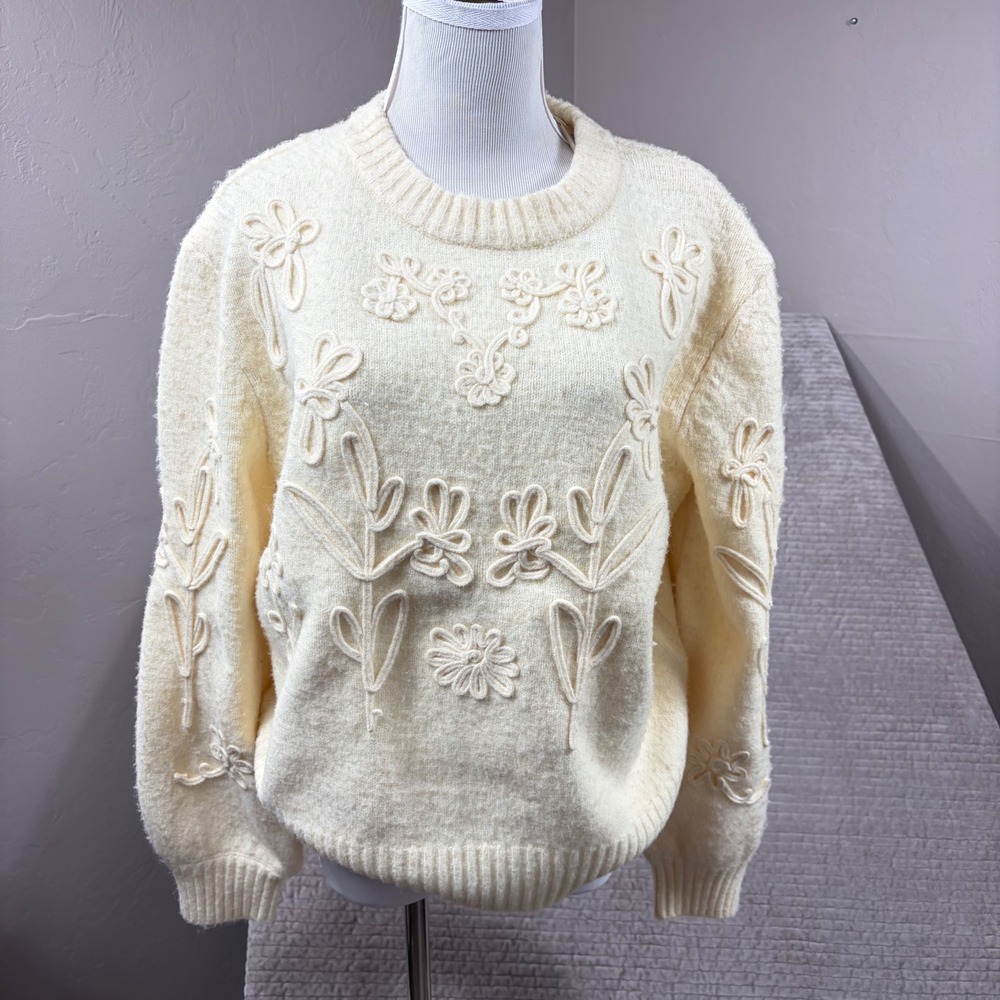 Elie Tahari Ivory Floral Embroidered Wool Blend Crewneck Sweater Large NWT